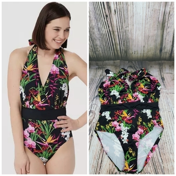 G.I.L.I Black Tropical Drape Front Halter Neck One Piece Swim Size 16 - Picture 1 of 13